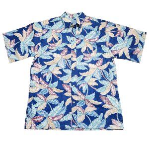 Manoa Shirt Co Hawaiian Aloha Shirt Mens Button Up Large Blue Palm Btanches
